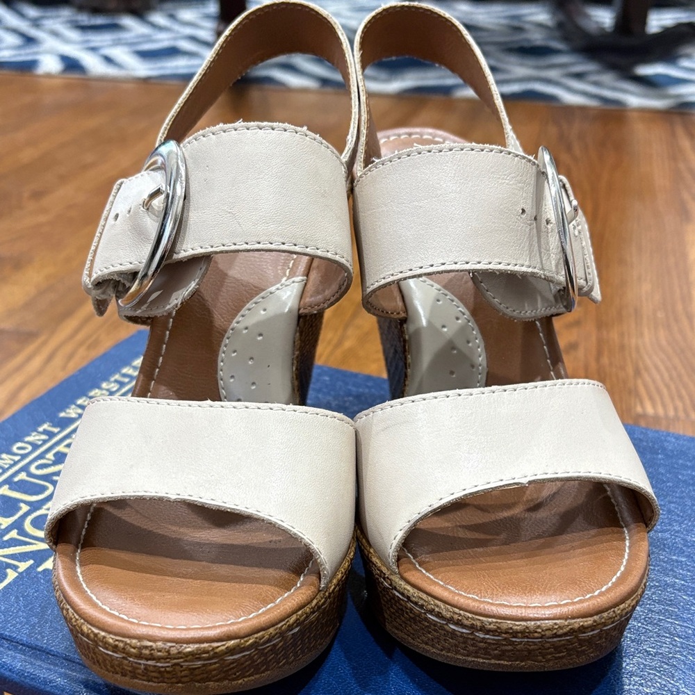 boc Cream Leather Wedge Sandals with Oversized Silver Buckle - Picture 4 of 14